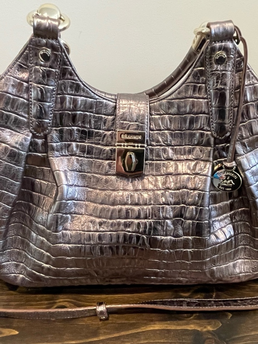Brahmin Metallic Silver Croc-Embossed Leather Shoulder Bag